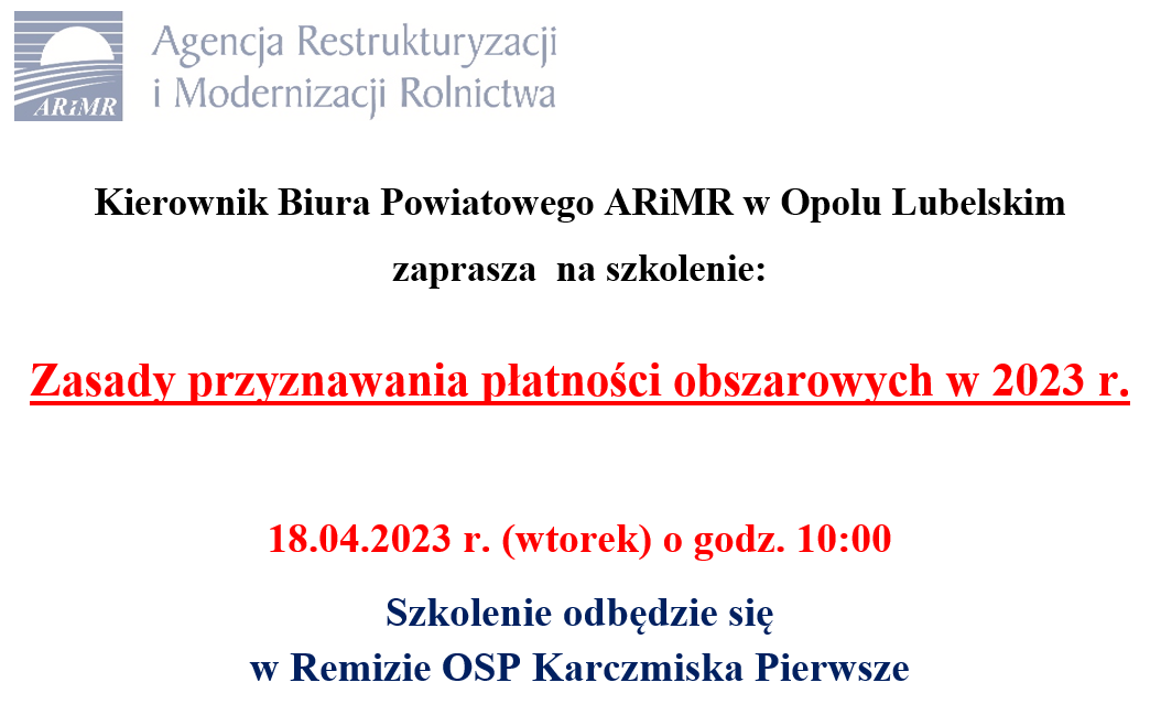 Ogłoszenie o szkoleniu dotyczącym zasad przyznawania płatności obszarowych w 2023 r.