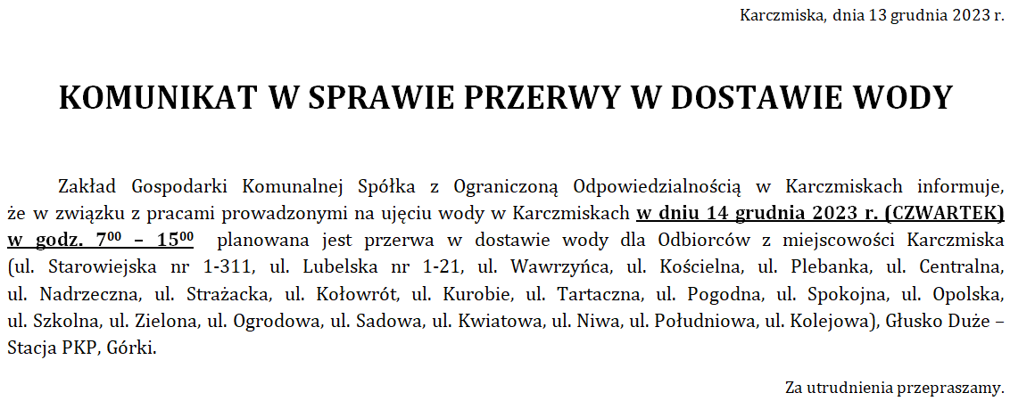Komunikat w sprawie przerwy w dostawie wody